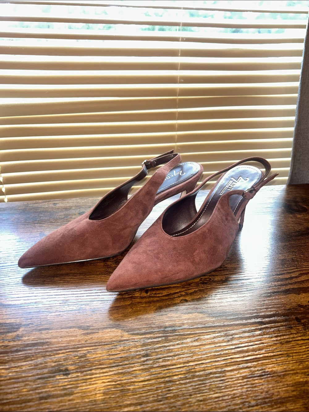 Neutralizer Pointed Toe Slingback Heels in Brown Suede - Picture 1 of 8